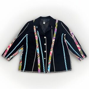 Koos of Course Black Linen multicolor Patchwork  Plus Size 1X Woman Blazer Artsy